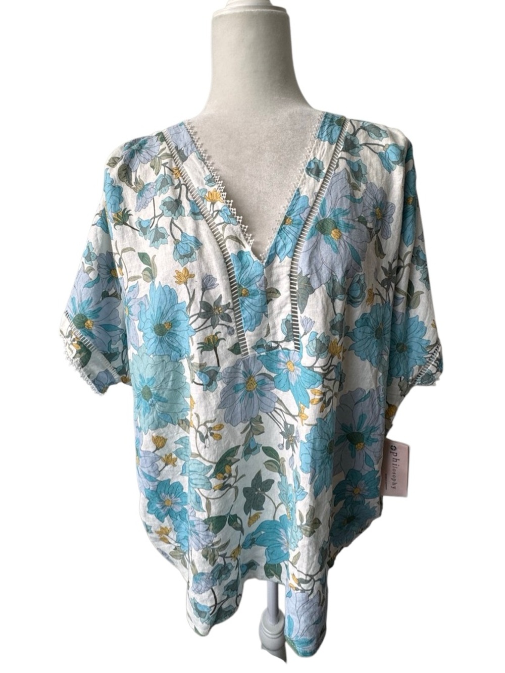 Philosophy Floral V-Neck Short Sleeve Linen Blouse Light Blue White SZ L NWT